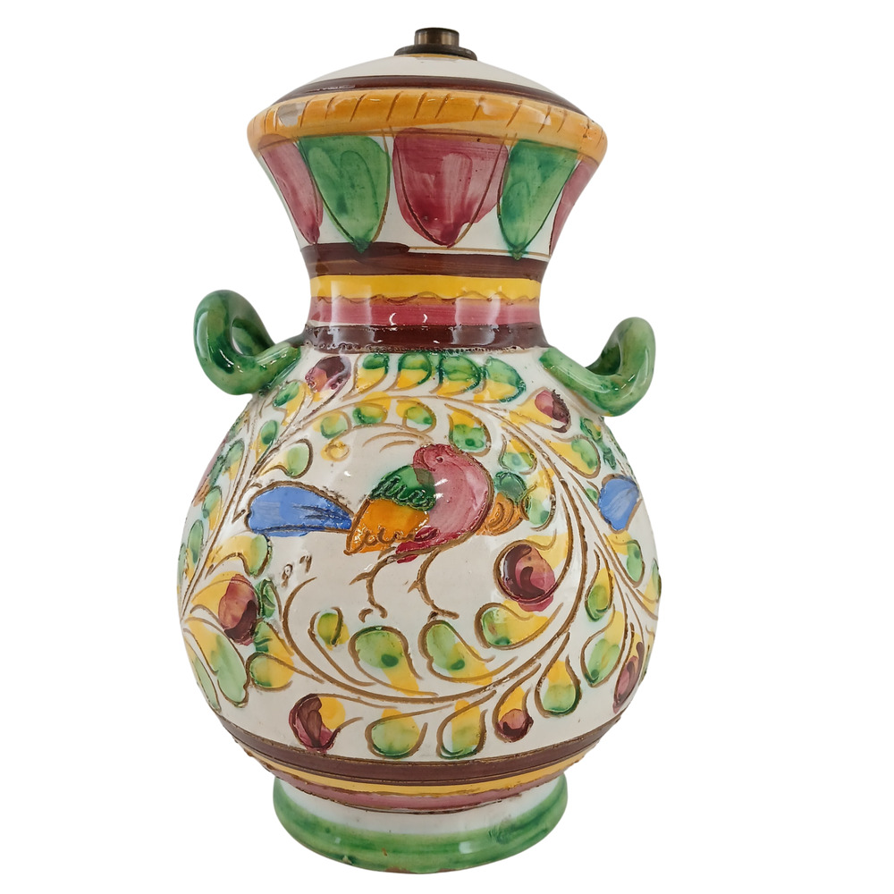 VTG Italian Majolica Sgraffito Hand-Painted Floral Pottery Vase w/ Lid See desc.
